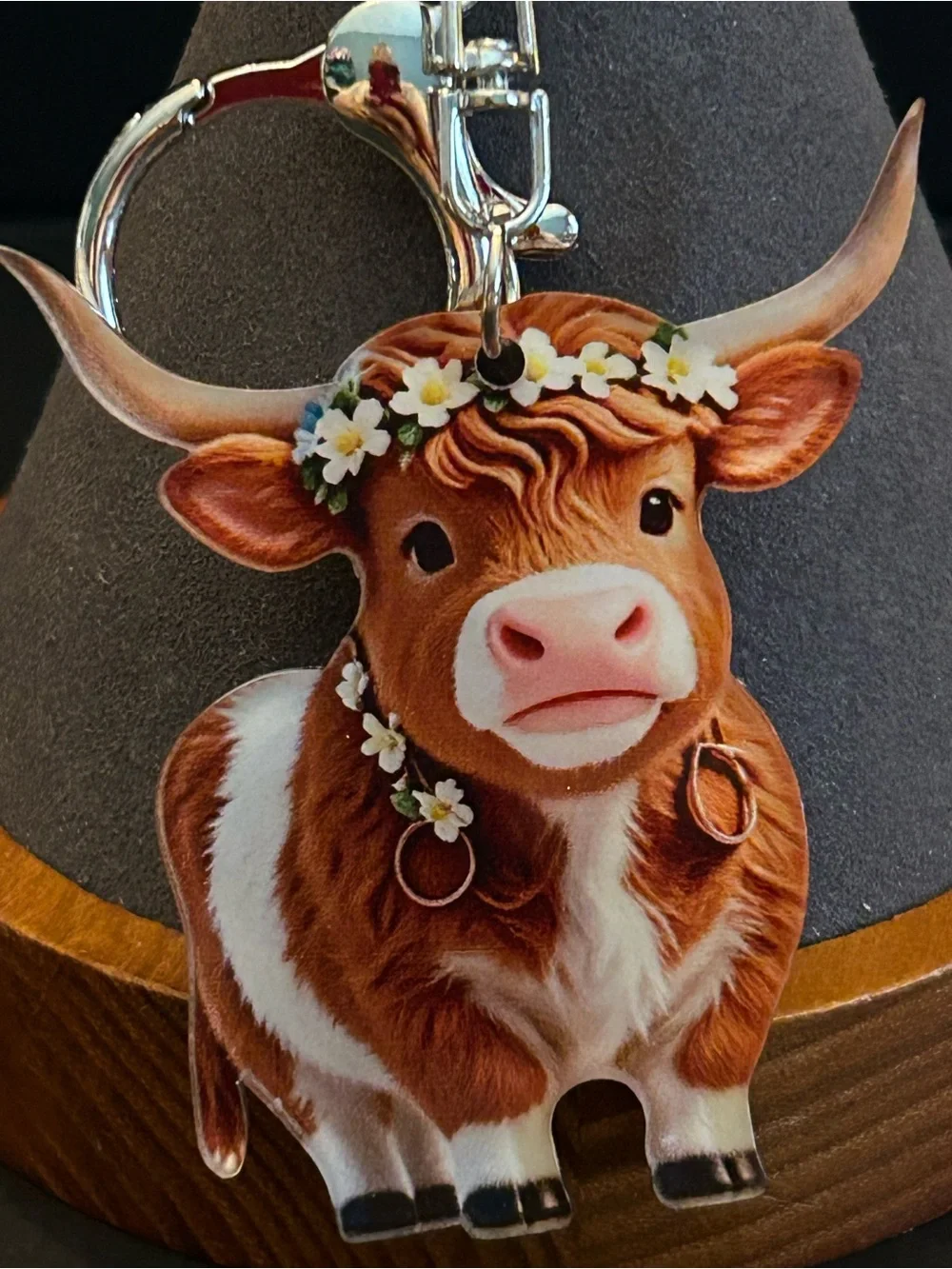 Mint Brown and White Acrylic Floral Highland Cow w/Flowers Bag Charm Keychain